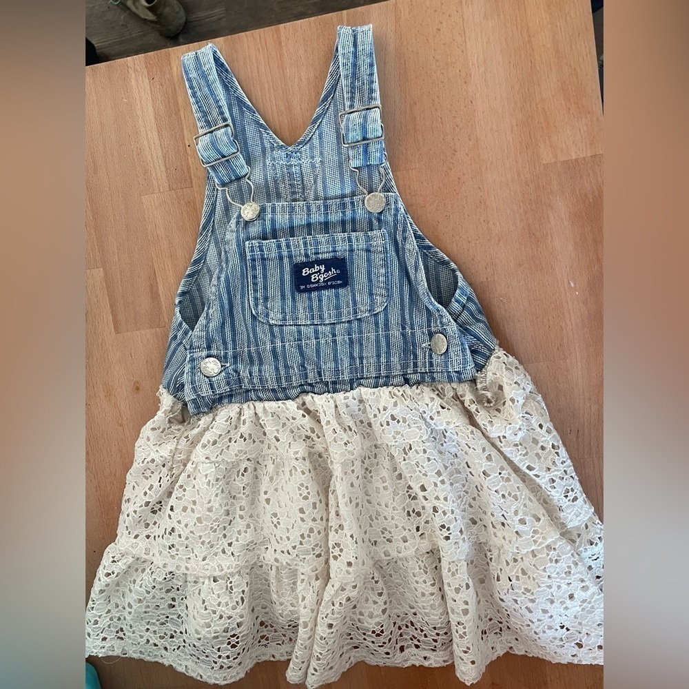 OshKosh B’Gosh 2T blue denim and cream lace overalls dress - Picture 1 of 9